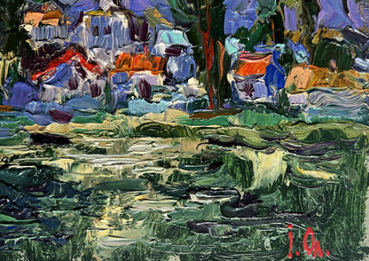 Vibrant impressionist oil painting of Oleksiy Ivanyuk city along river