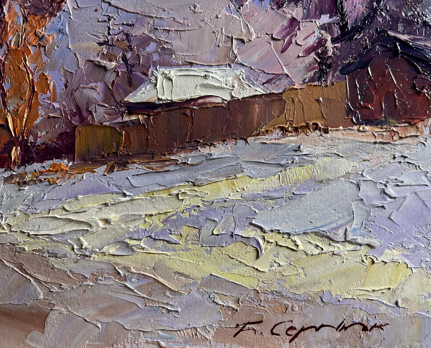 Textured impasto oil painting of Boris Serdyuk snowy street house