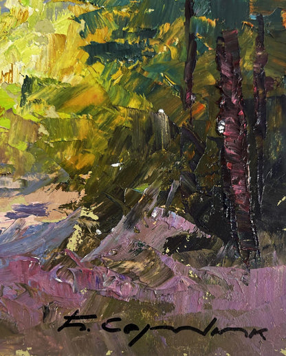 Vibrant Boris Serdyuk impressionist oil painting of warm-lit forest scene