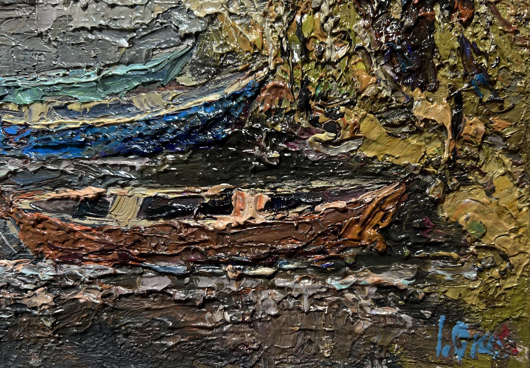 Textured oil painting of Autumn melancholy rowboat on dark water by Oksana Ivanyuk