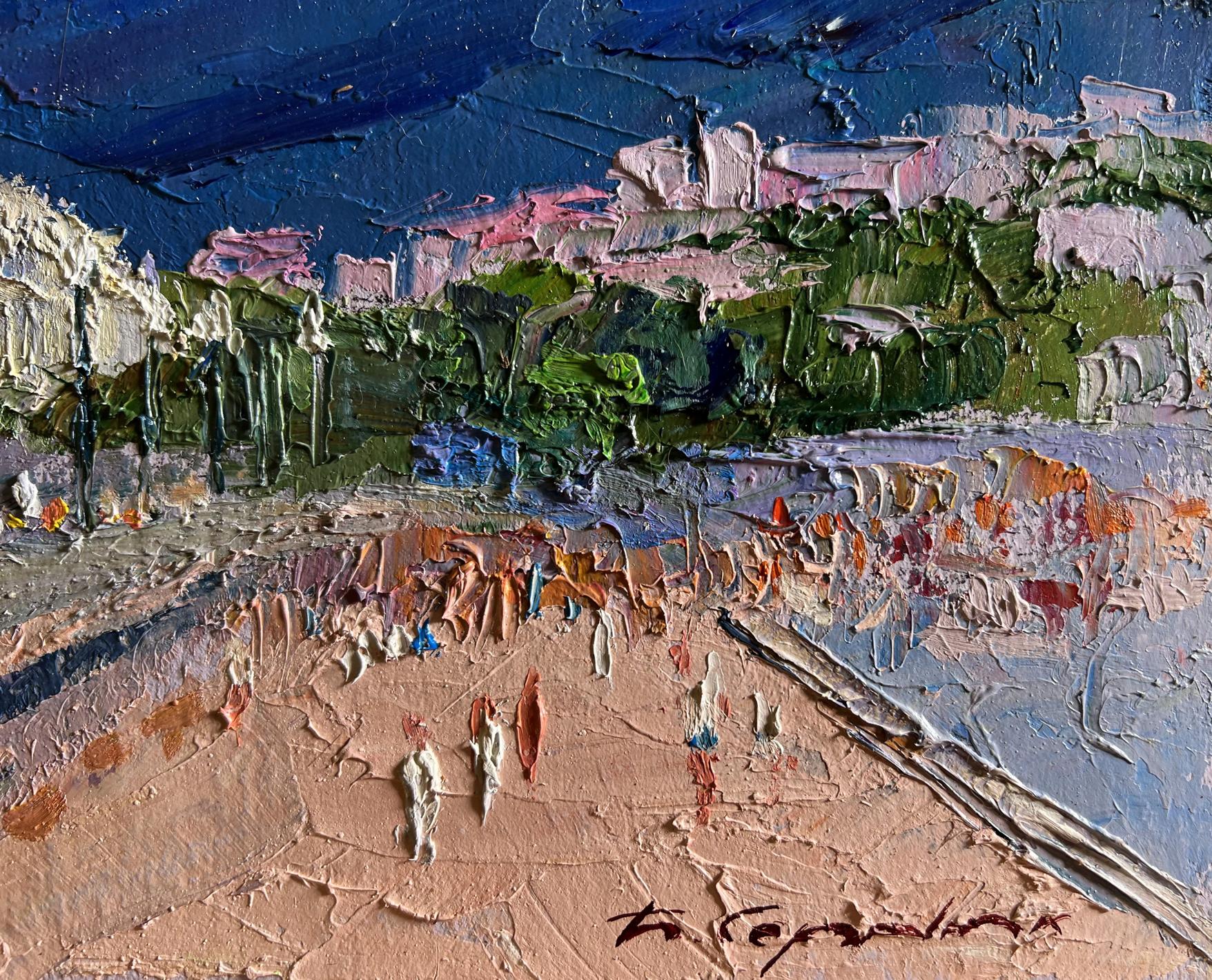 Textured impasto oil painting of Boris Serdyuk city embankment coastal scene