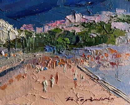 Textured impasto oil painting of Boris Serdyuk city embankment coastal scene