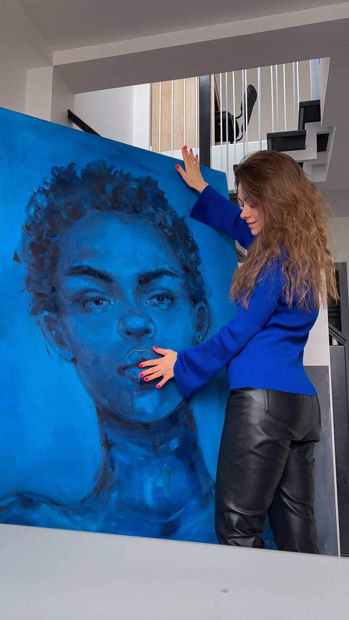 Oil painting Calm by Victoria Kagalovska: striking blue portrait face