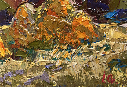 Vibrant impasto oil painting of haystacks in field by Oleksiy Ivanyuk