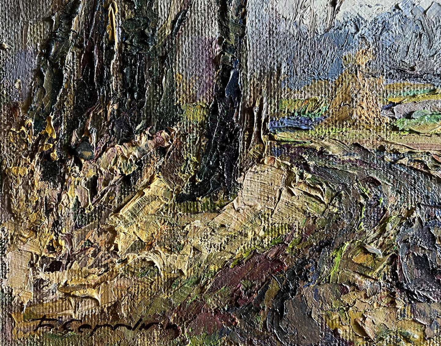 Textured oil painting of warm autumn forest by Boris Serdyuk