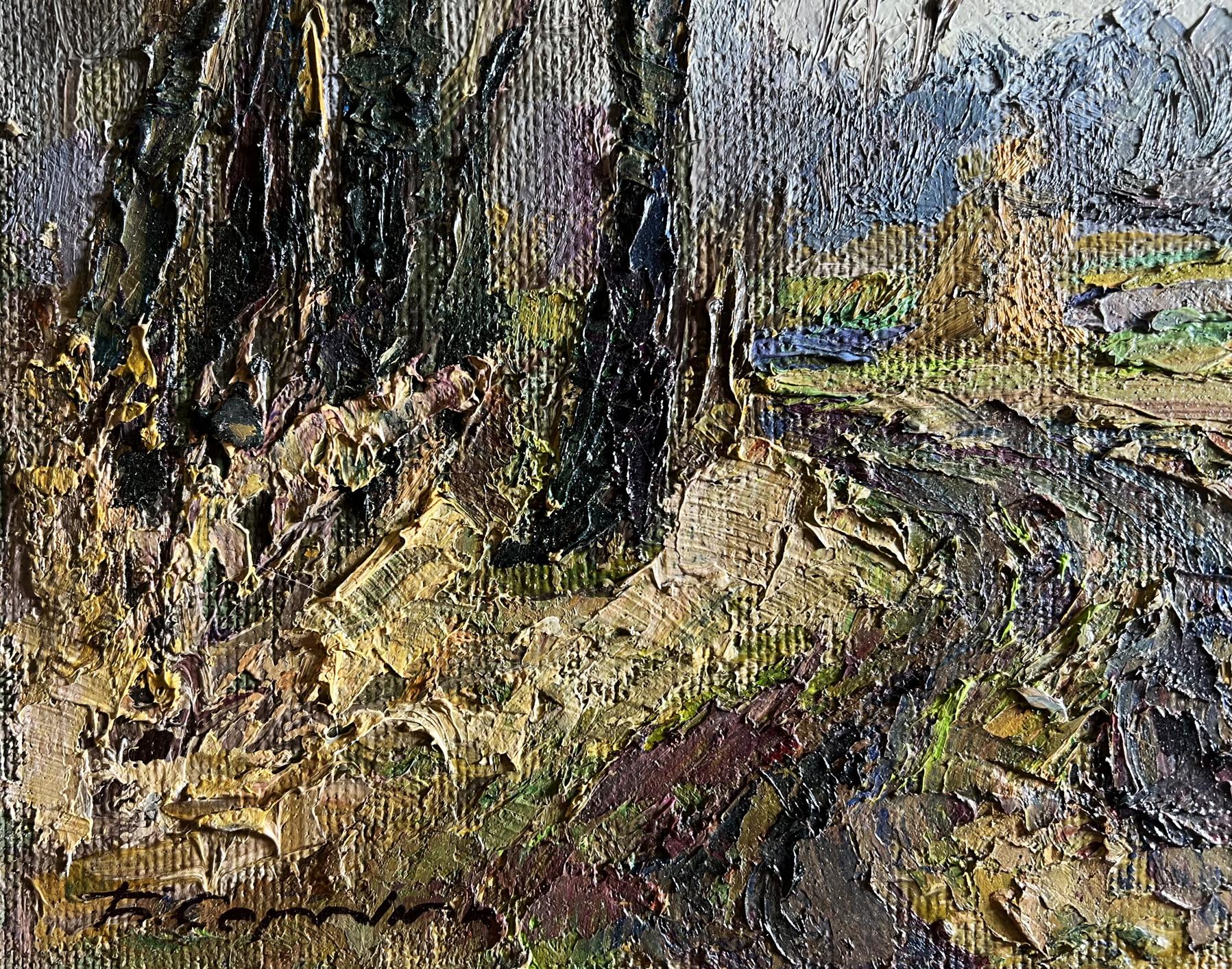 Textured oil painting of warm autumn forest by Boris Serdyuk
