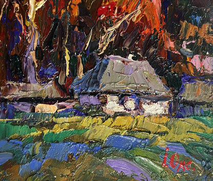 Oil painting of moon over village by Oksana Ivanyuk, textured landscape