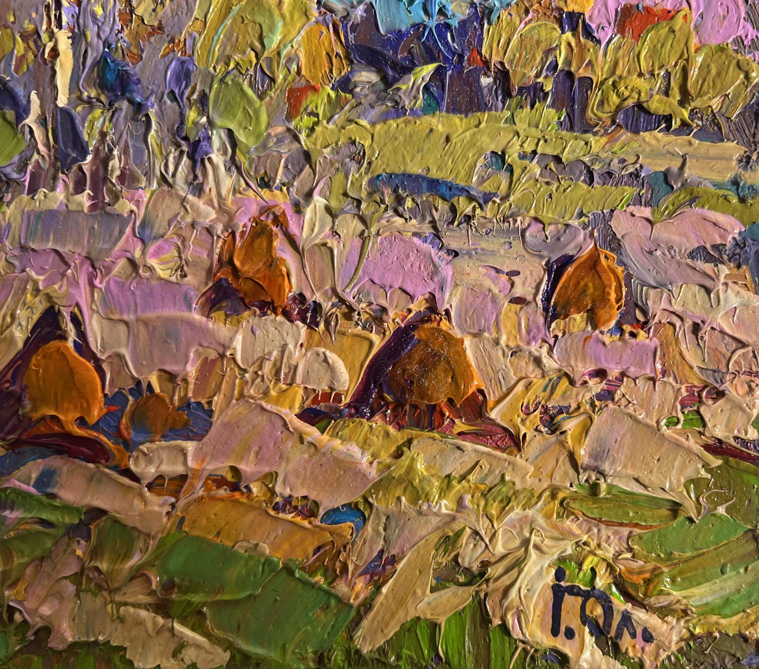 Vibrant oil painting Autumn haystacks by Oleksiy Ivanyuk with impasto strokes