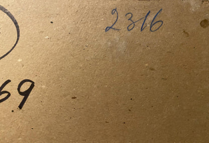 Back of Oil painting Dnieper near Zaporozhye by Georgy Kolosovsky with handwritten 2316 and 69 in blue ink on brown cardboard