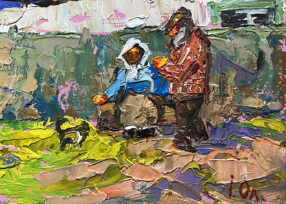 Oil painting Quiet village conversation by Oleksiy Ivanyuk vibrant scene