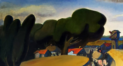 Oil painting Faina Ukraine by Daniil Litvinov: village with trees, red roofs, windmill
