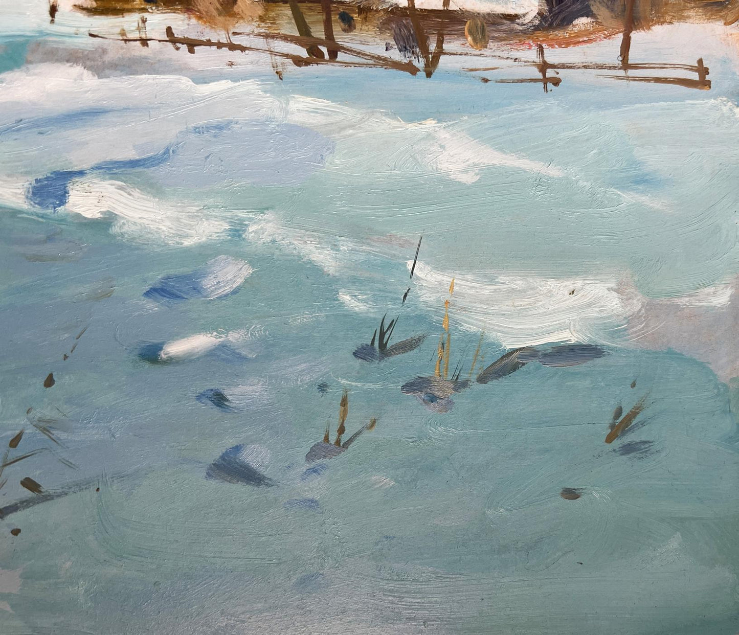 Textured oil painting of serene icy village winter tale by Yuriy Suprunchuk
