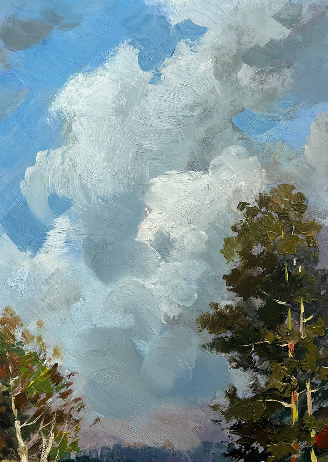 Oil painting Into the depths of the forest by Yuriy Suprunchuk with clouds and trees