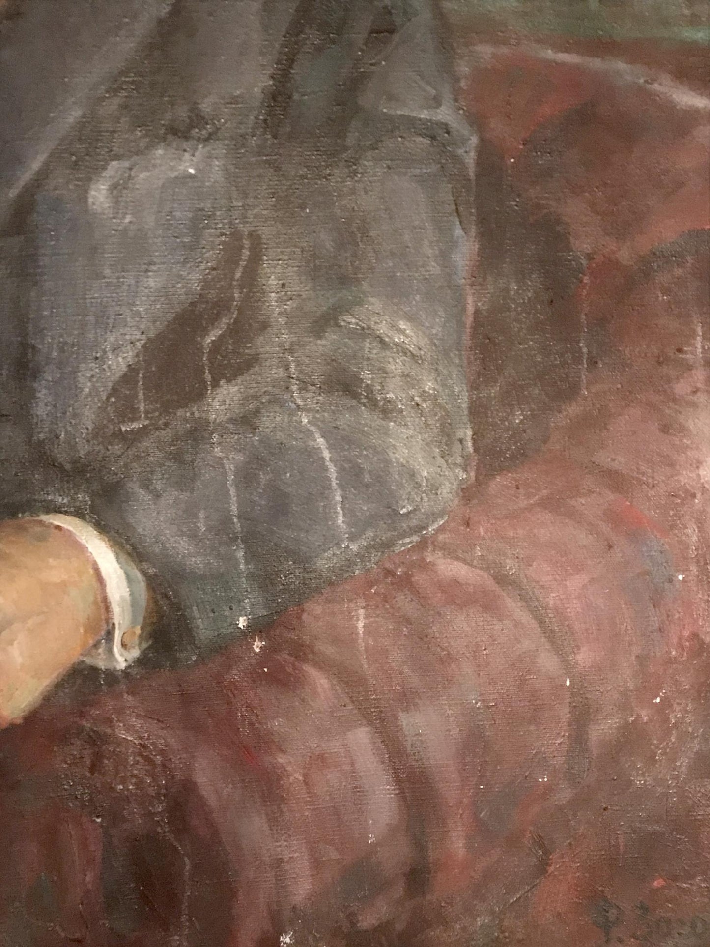 Dark gray textured fabric back with vertical stitching on Lenin oil painting by Fedor Zagorodnyuk