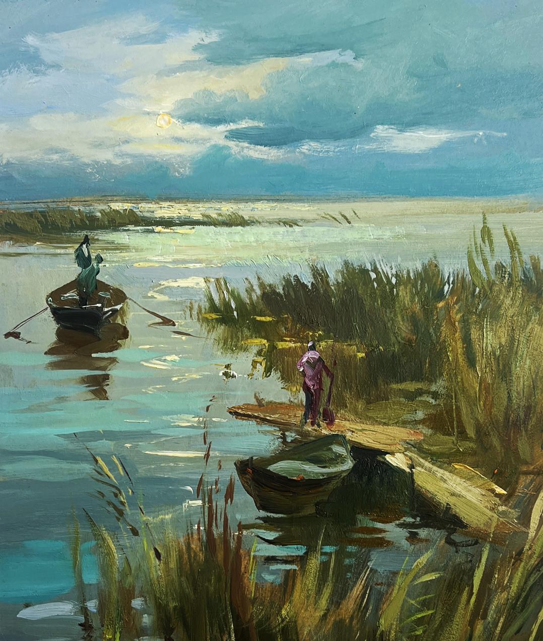 Serene oil painting Seeing off the Sunset by Yuriy Suprunchuk: rower in dark boat, figure on dock by empty canoe