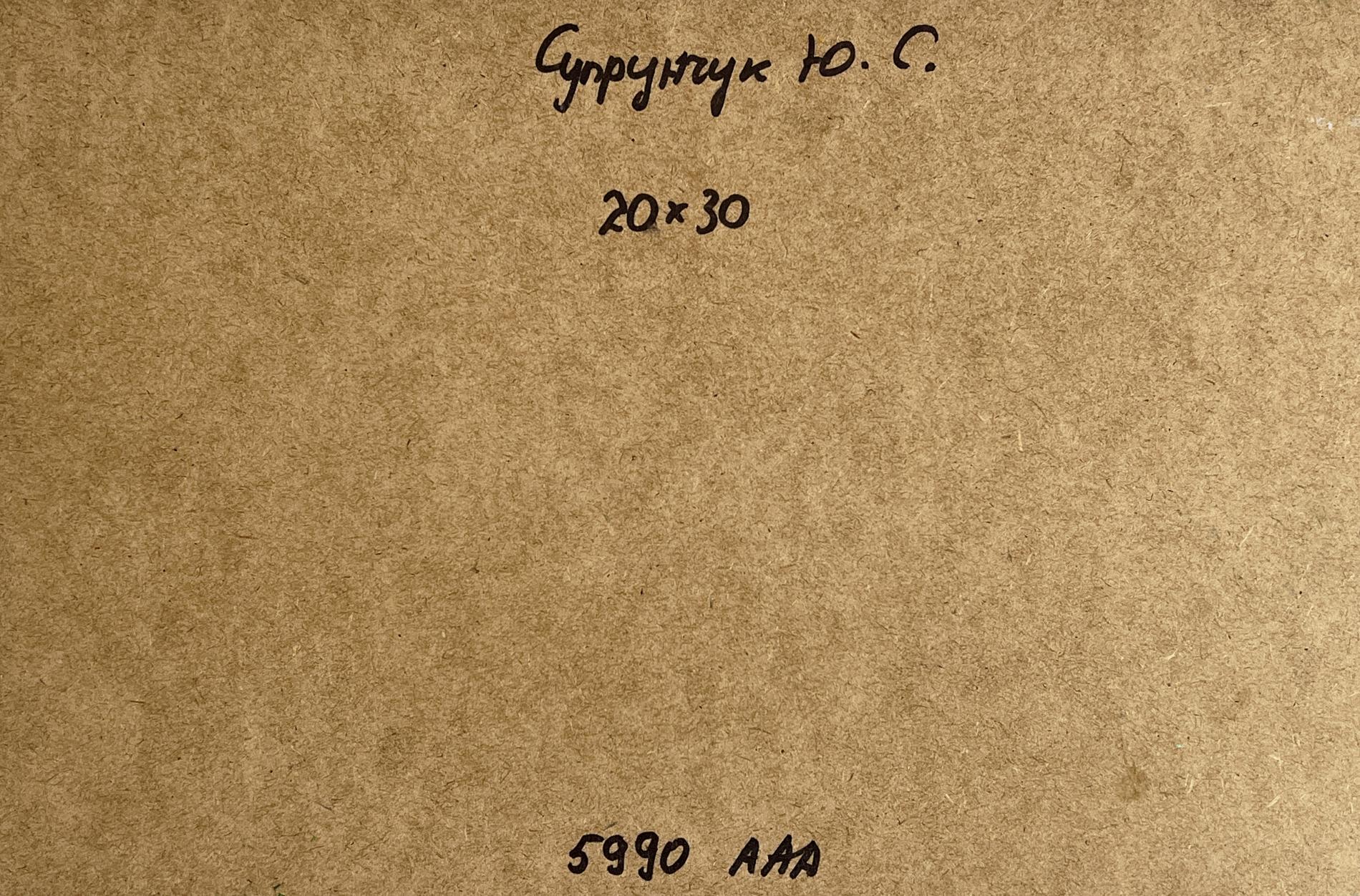 Back of oil painting A quiet village street by Yuriy Suprunchuk on brown textured paper with Cyrillic text and measurements