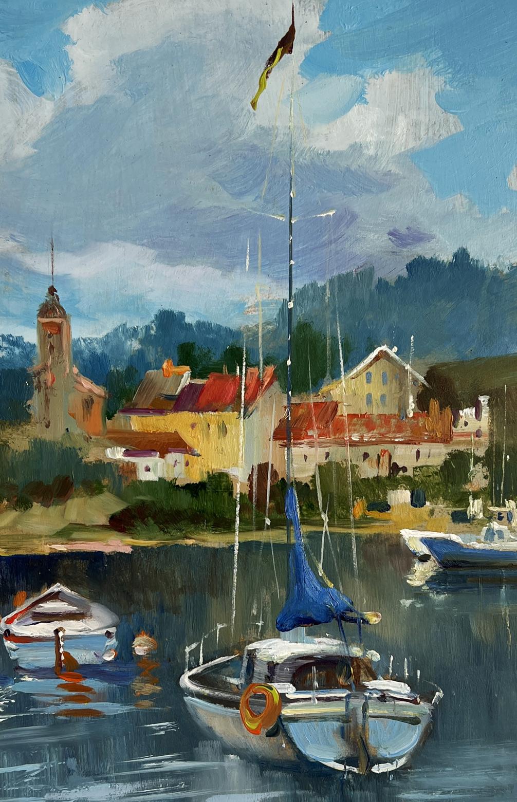 Oil painting of white sailboat with blue sail by Yuriy Suprunchuk