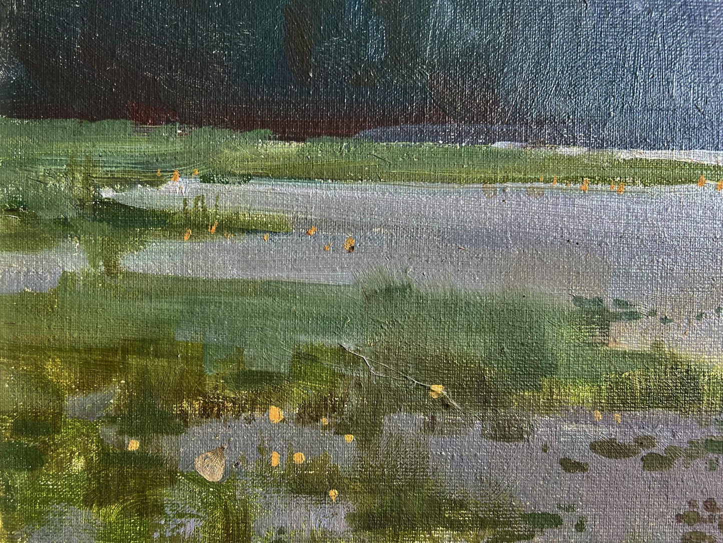 Oil painting Tranquility by the River by Tatyana Derdey, green gray blue with gold specks