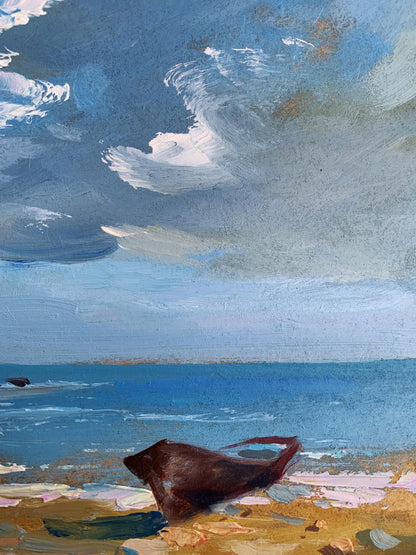 Oil painting of weathered wooden boat on beach by Yuriy Suprunchuk