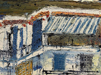 Oil painting Mysterious city by Serhiy Kovalev with blue white walls orange roof