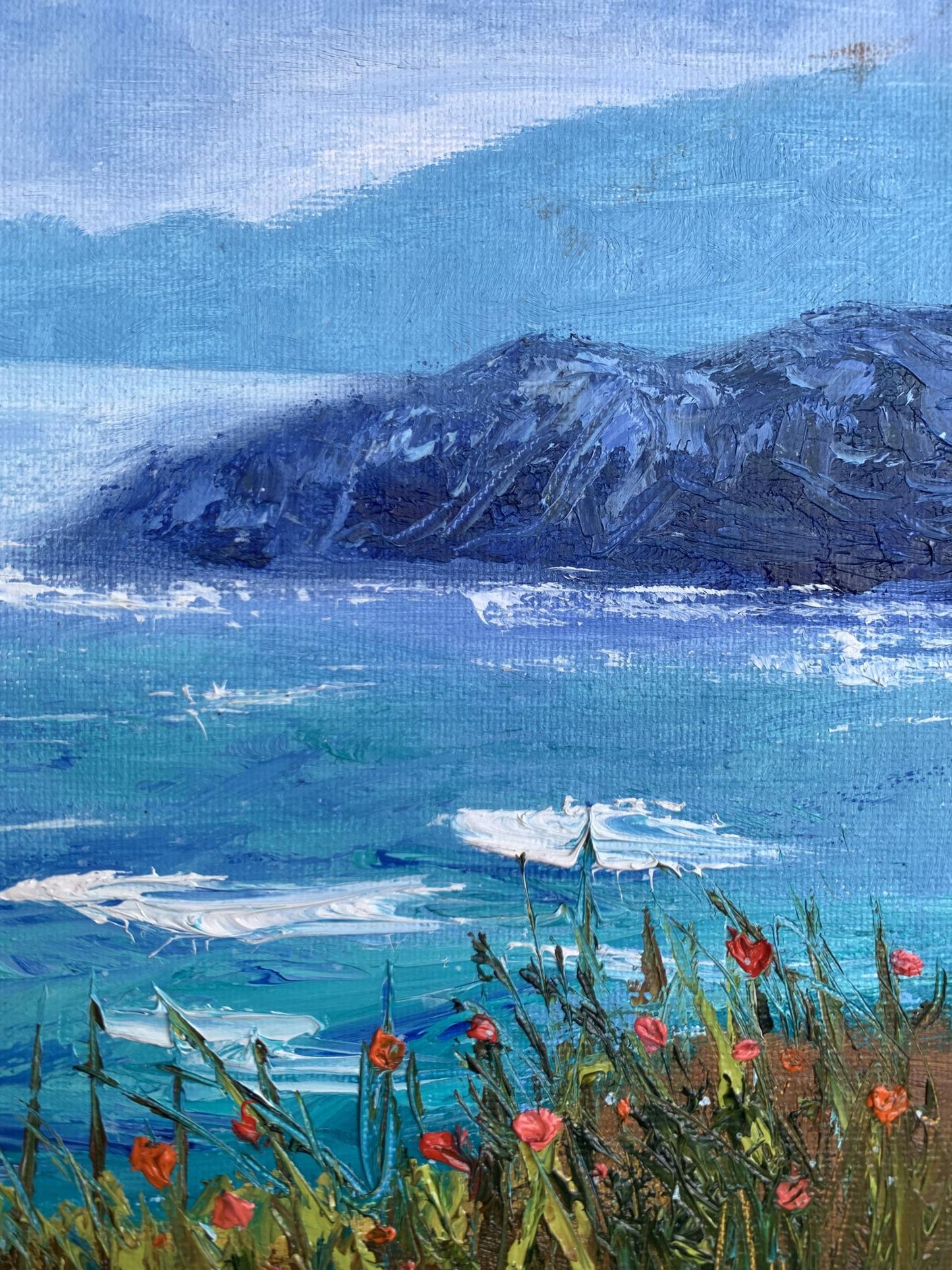 Oil painting Calm sea by Tatyana Derdey: turquoise waves, mountains, red poppies