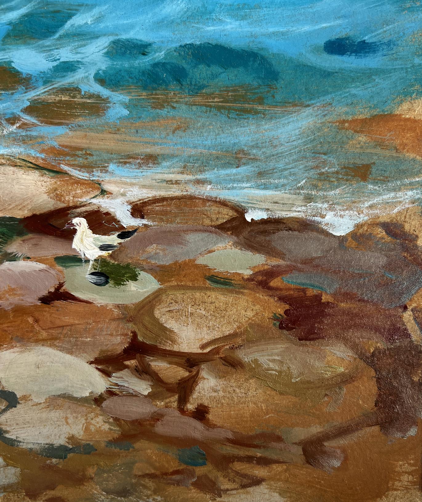 White seagull on wet rock amid turquoise waves in Yuriy Suprunchuk oil painting