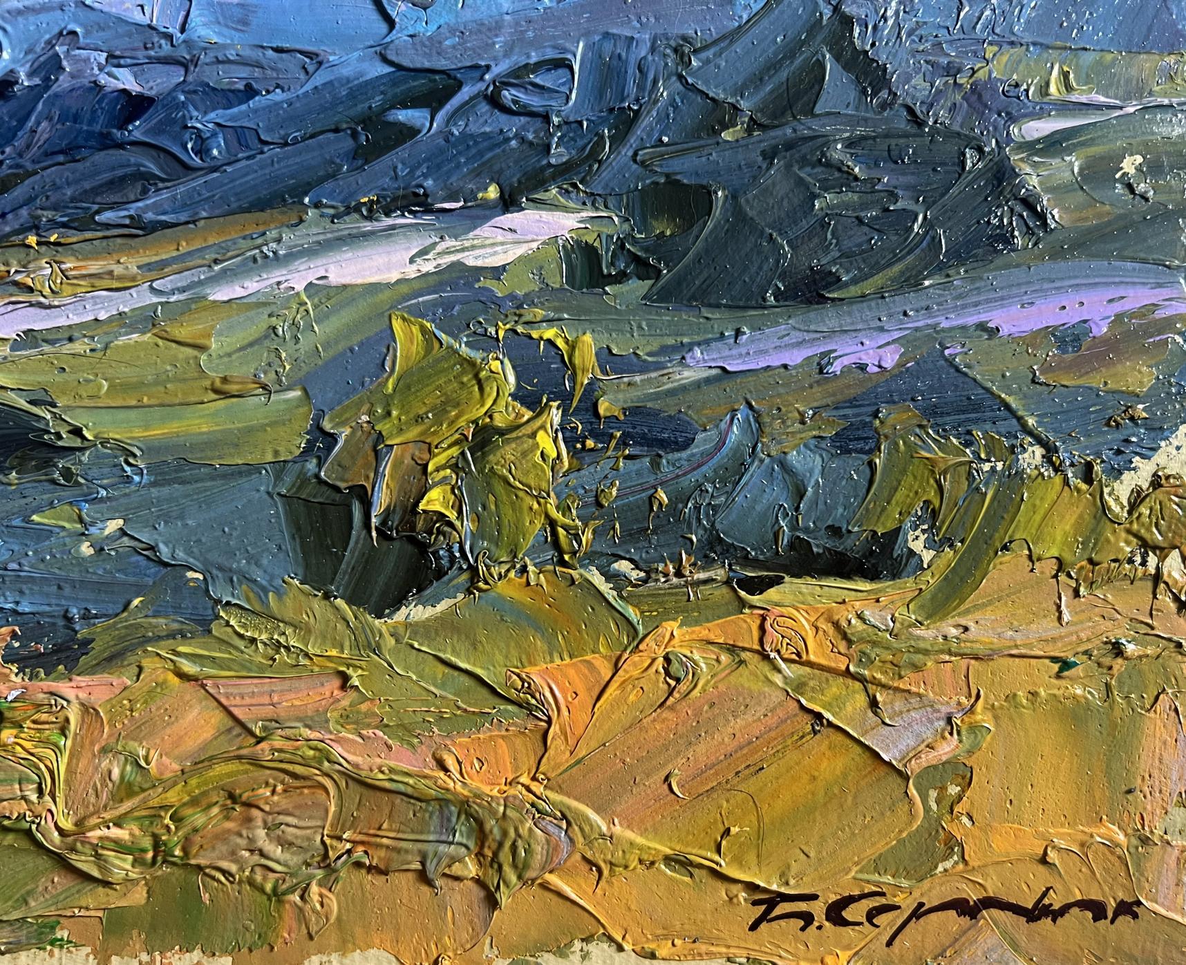 Oil painting Further away from the city by Boris Serdyuk with bold blues, greens, yellows