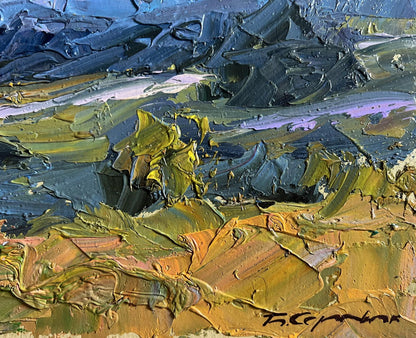Oil painting Further away from the city by Boris Serdyuk with bold blues, greens, yellows