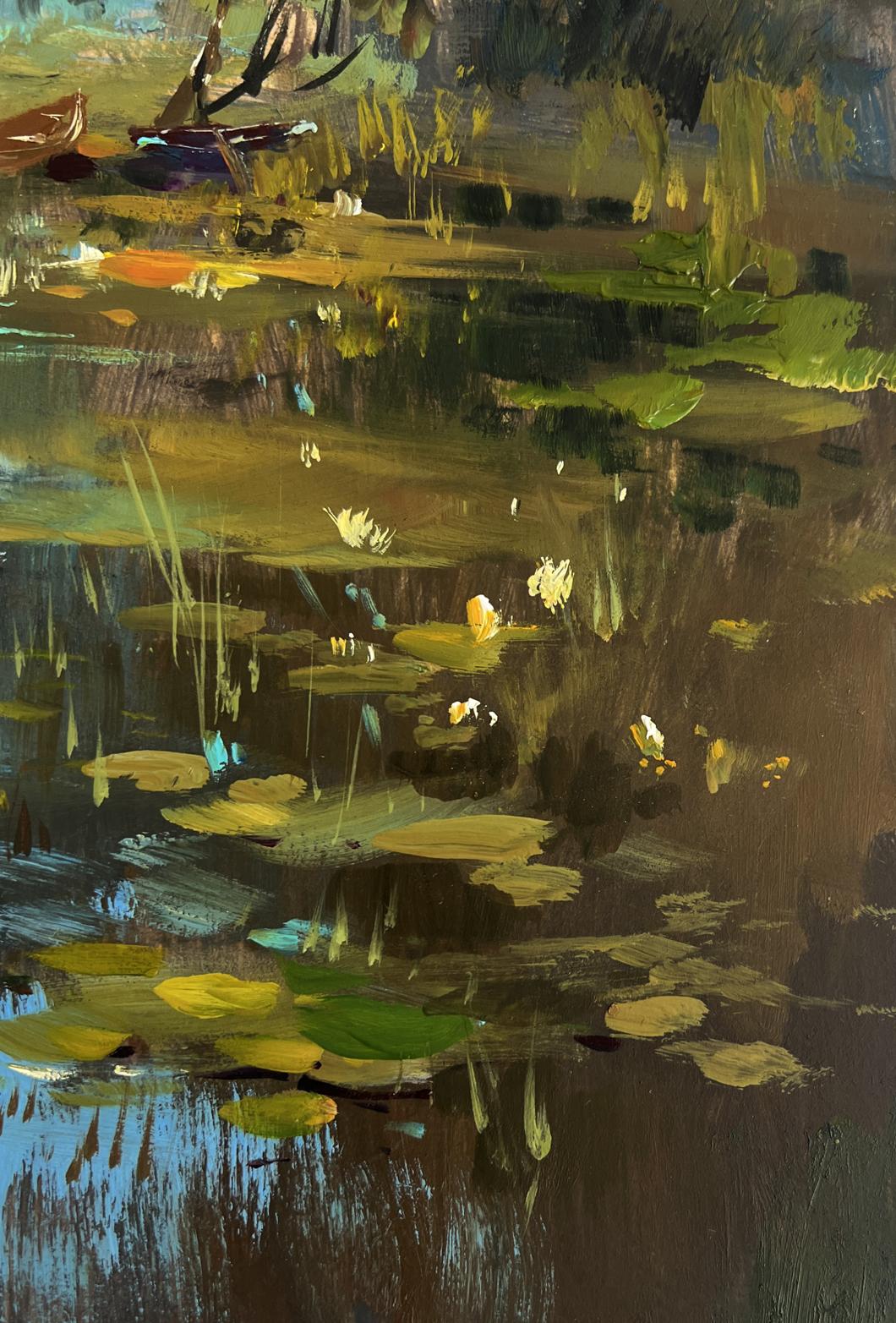 Oil painting Quiet fishing by Yuriy Suprunchuk: tranquil pond with lily pads
