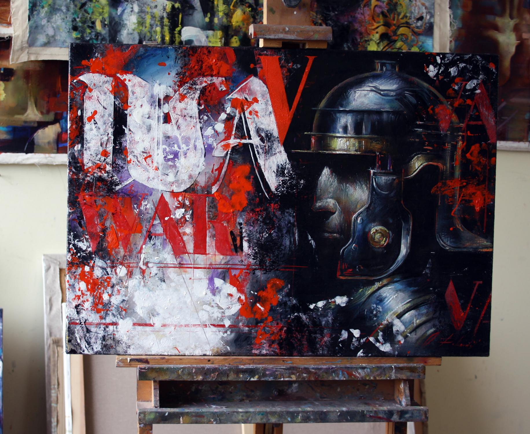 Oil painting Warrior by Alexander Dobrodiy: metallic Roman helmet