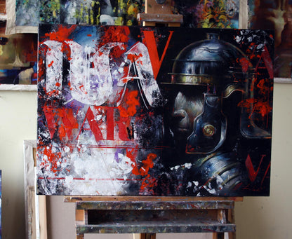 Oil painting Warrior by Alexander Dobrodiy: metallic Roman helmet