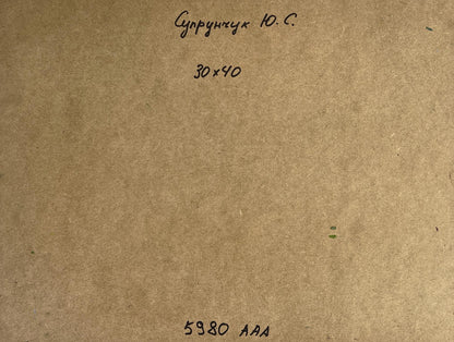 Back of Yuriy Suprunchuk oil painting with handwritten text on cardboard