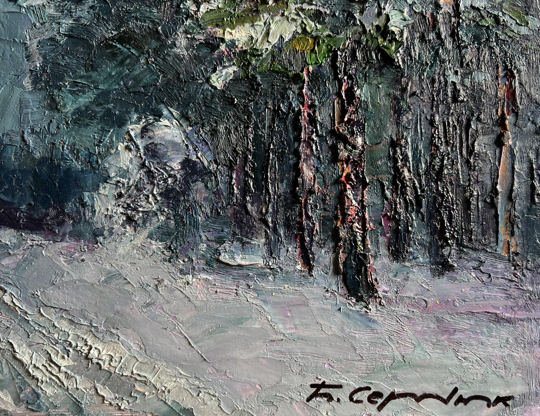 Oil painting Winter trail in the forest by Boris Serdyuk, abstract textured greens