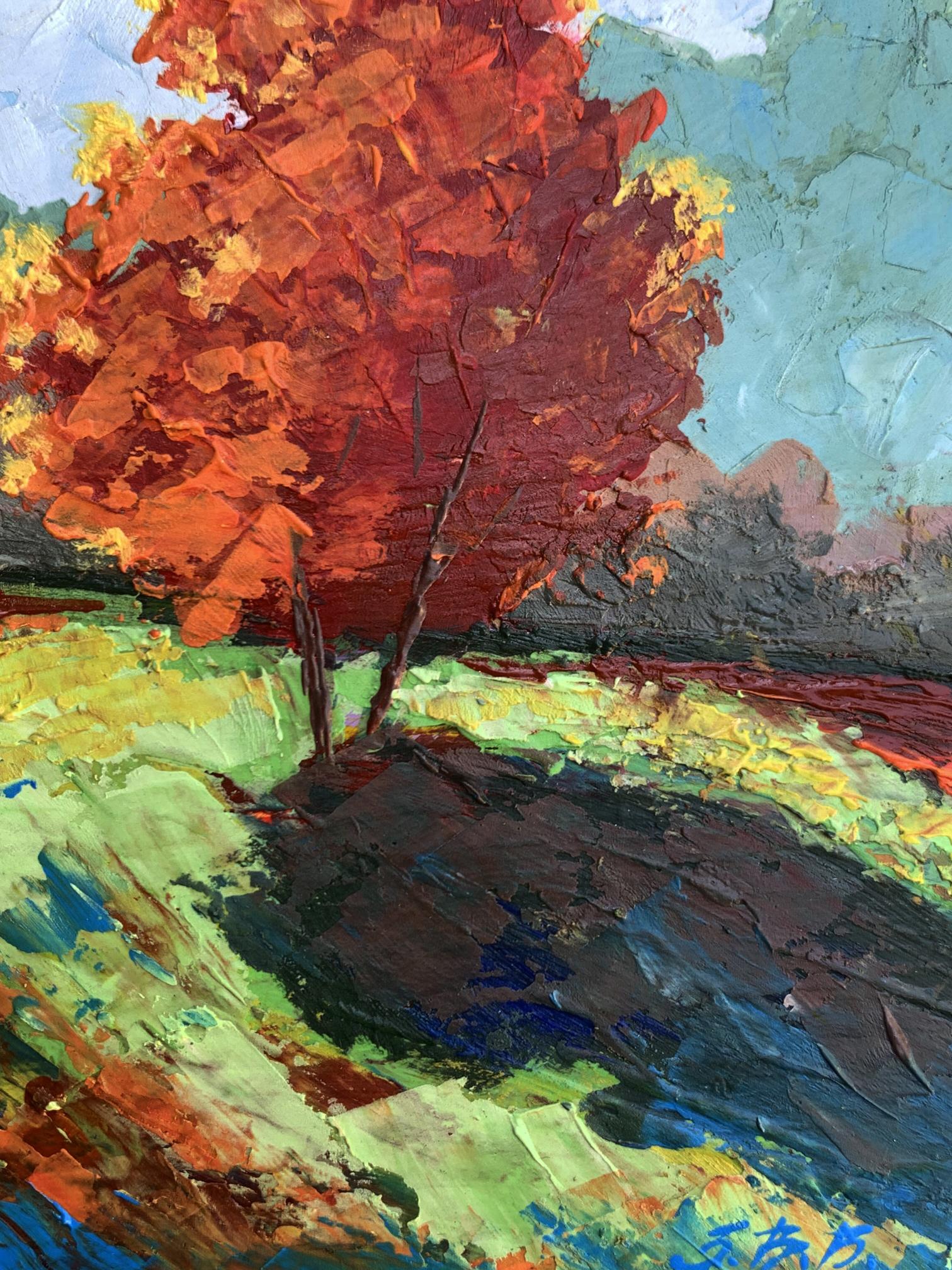 Vibrant oil painting of autumn tree with red orange leaves by V. Zadorozhnya