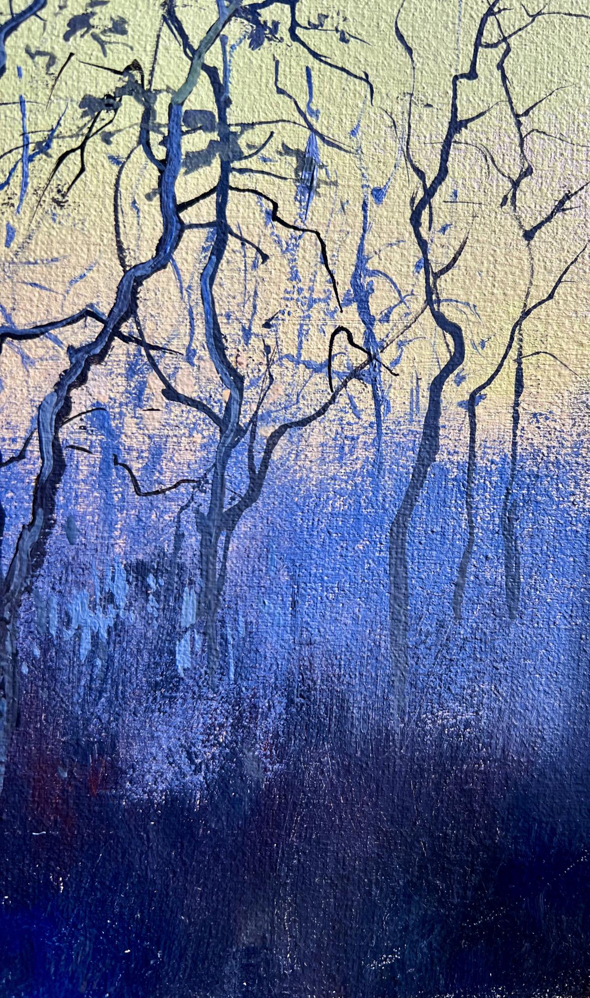 Oil painting Quiet gatherings around the fire by Tatyana Derdey with dark blue branches on gradient sky