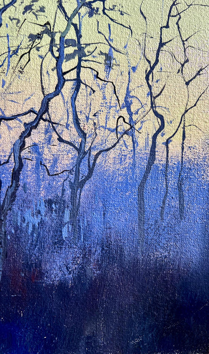 Oil painting Quiet gatherings around the fire by Tatyana Derdey with dark blue branches on gradient sky