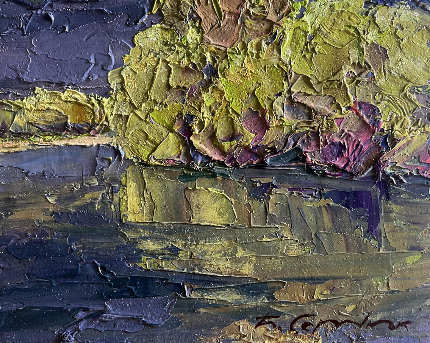 Oil painting Evening after a thunderstorm by Boris Serdyuk, textured green and yellow