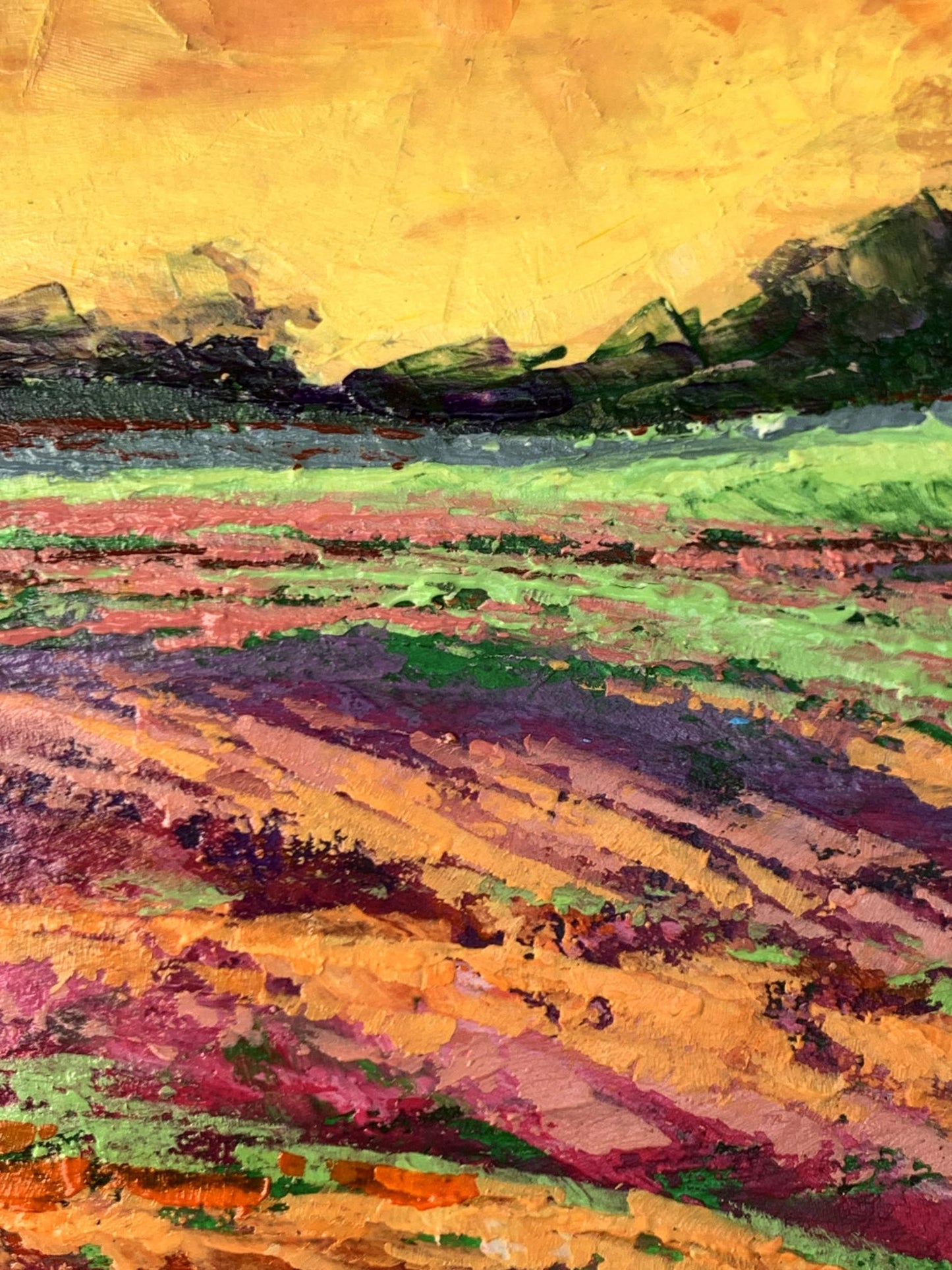 Vibrant impressionist oil painting Sunset behind the forest by V. Zadorozhnya