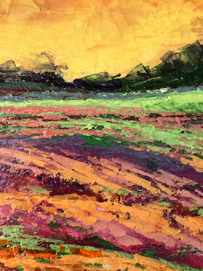 Vibrant impressionist oil painting Sunset behind the forest by V. Zadorozhnya