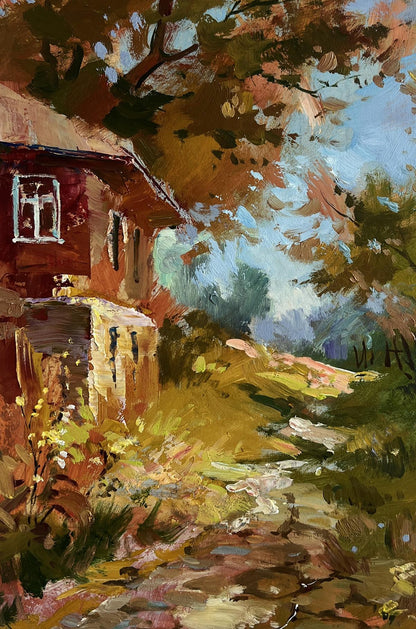 Oil painting Autumn golden path by Yuriy Suprunchuk: rustic red house amid autumn trees