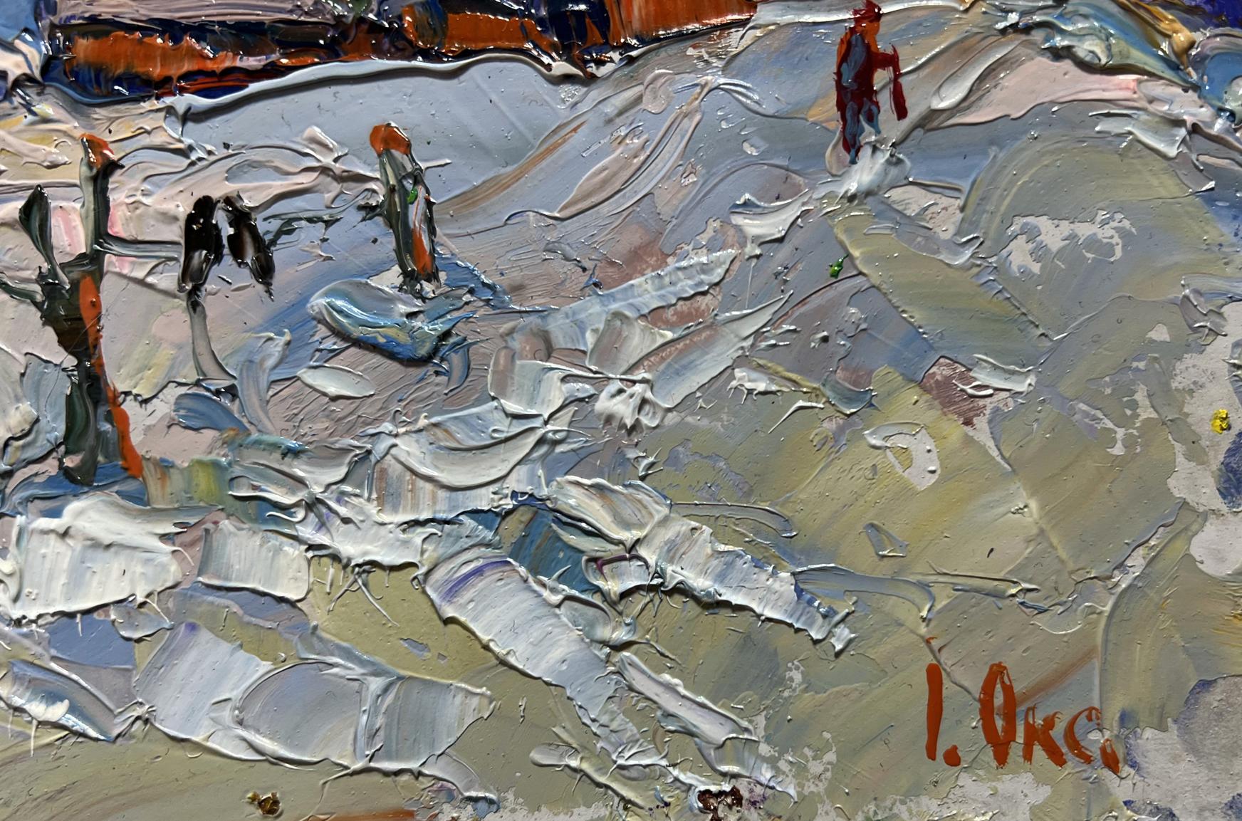 Impasto oil painting of snowy village streets by Oksana Ivanyuk