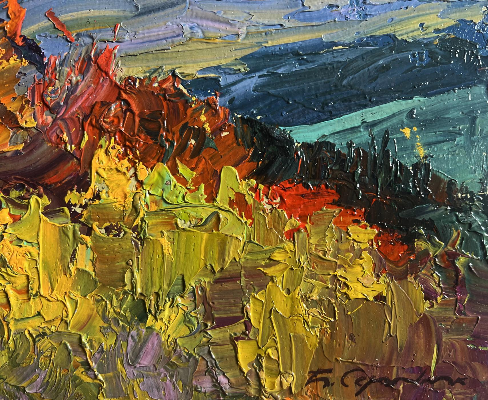 Vibrant impressionist oil painting Golden Mountain Fields by Boris Serdyuk