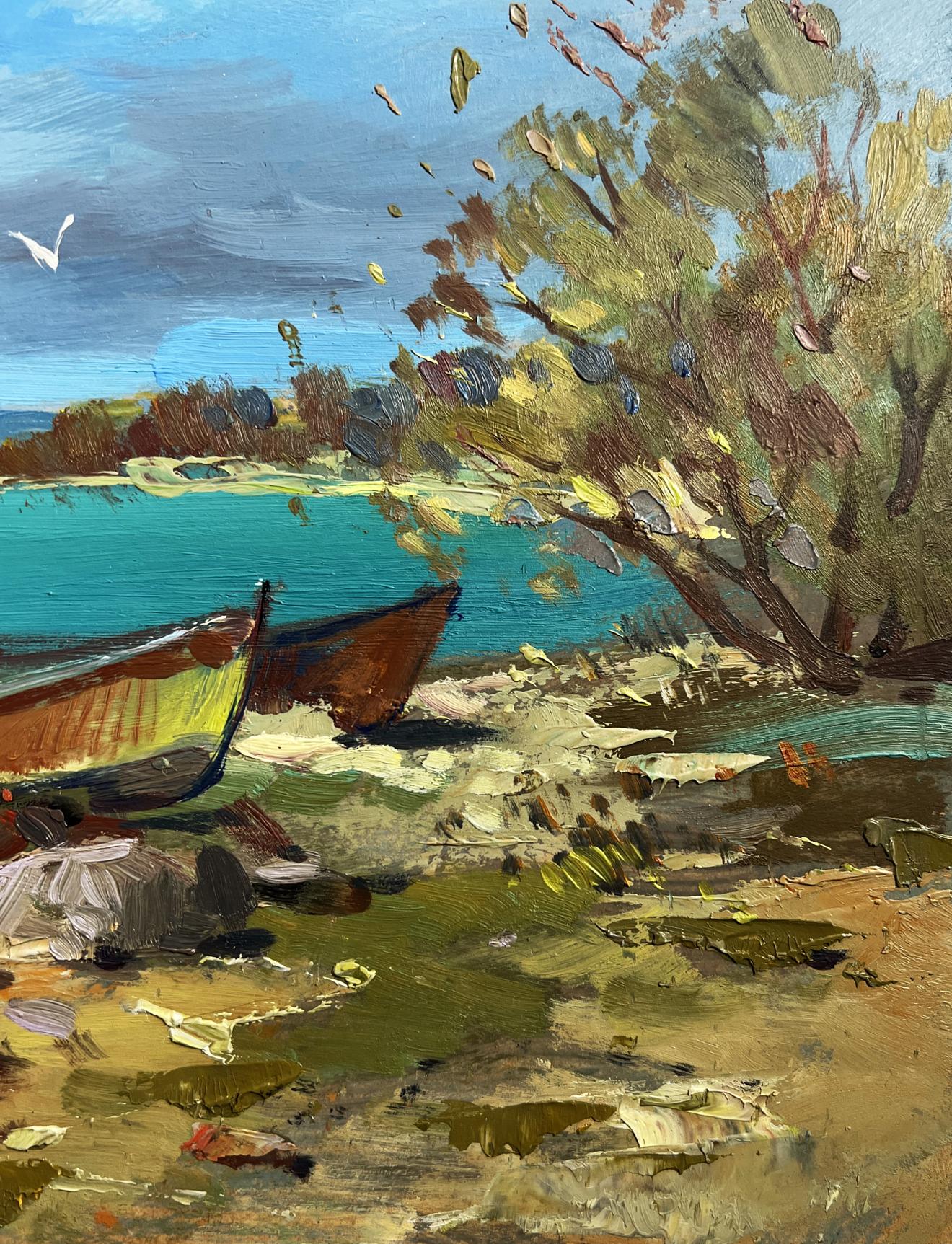 Oil painting Bound by the Current by Yuriy Suprunchuk: rowboats on shore