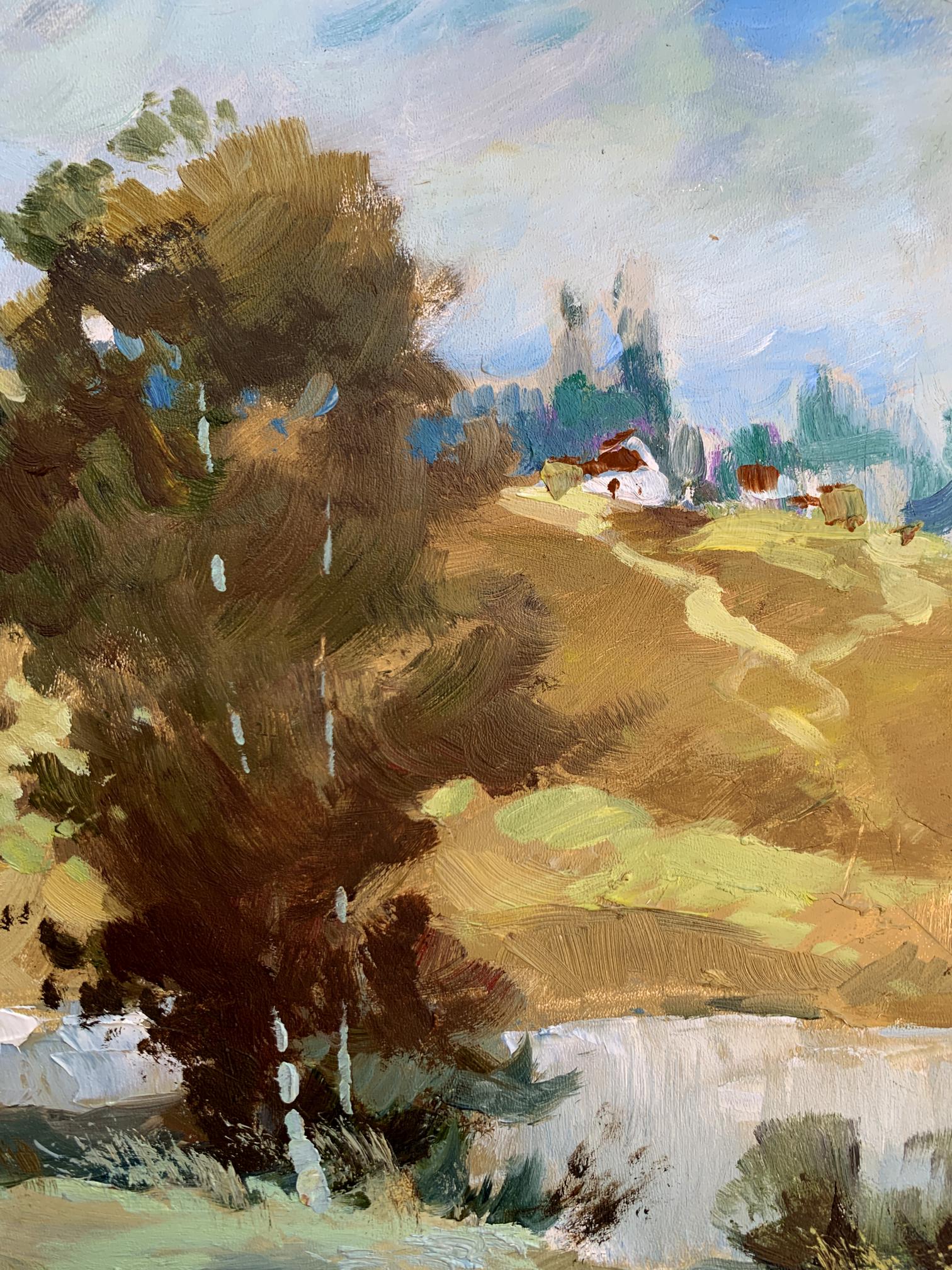 Oil painting of village pond by Yuriy Suprunchuk: textured tree, golden hills