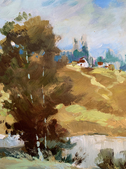 Oil painting of village pond by Yuriy Suprunchuk: textured tree, golden hills