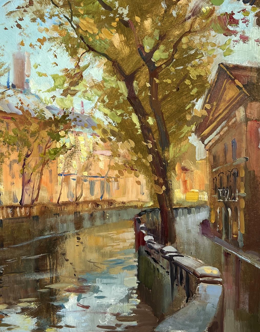 Impressionist oil painting of city alley with river by Yuriy Suprunchuk