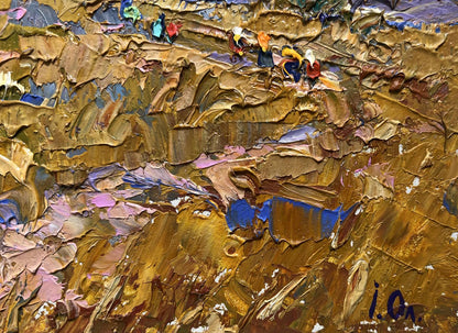 Oil painting Autumn steppes by Oleksiy Ivanyuk, textured impasto gold and blue