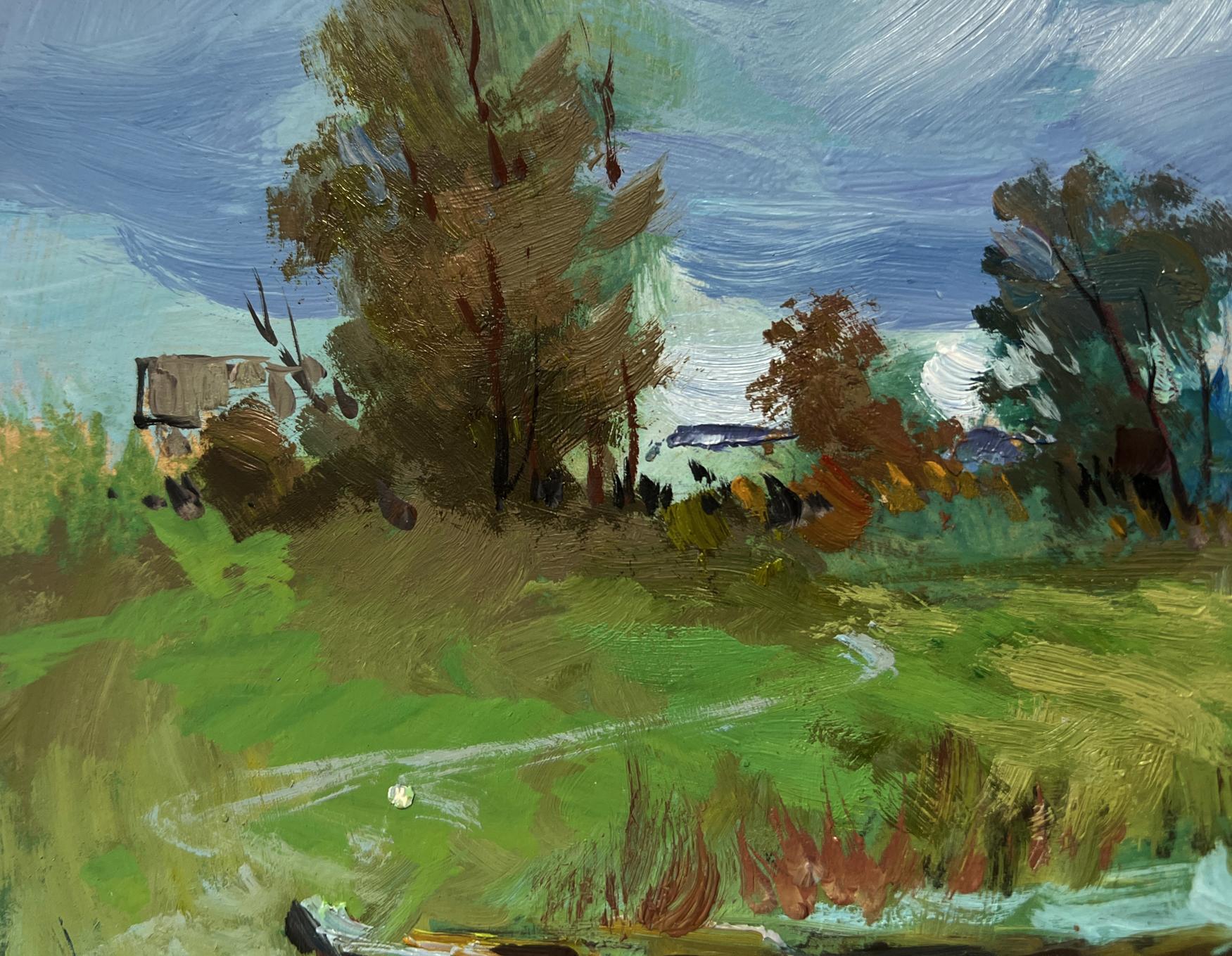 Oil painting River melancholy by Yuriy Suprunchuk: lush green fields, swirling sky