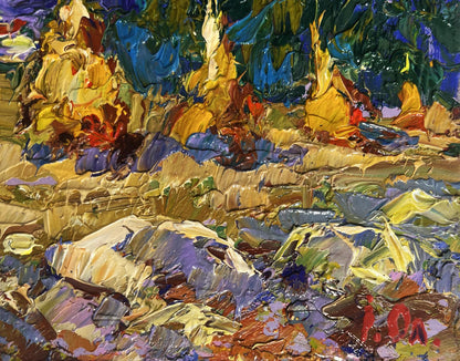 Vibrant impressionist oil painting of haystacks and mountain view by Oleksiy Ivanyuk