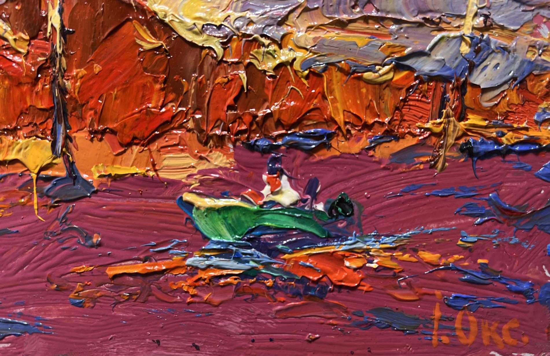 Oil painting by Oksana Ivanyuk: green boat sailing into sunset